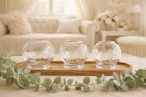 serene glass candle holders on tray